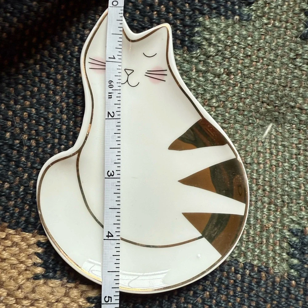 Francesca's Collections White Cat Dish with Gold Stripe Accents
